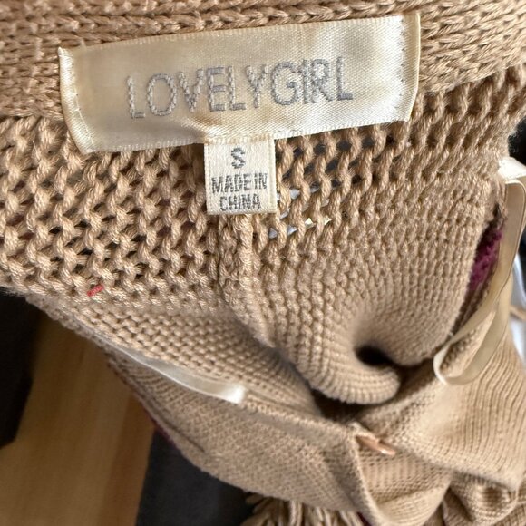 Beige Knit Fringe Poncho With Wooden Button Closure & Burgundy Stripes By Lovely - Picture 6 of 7